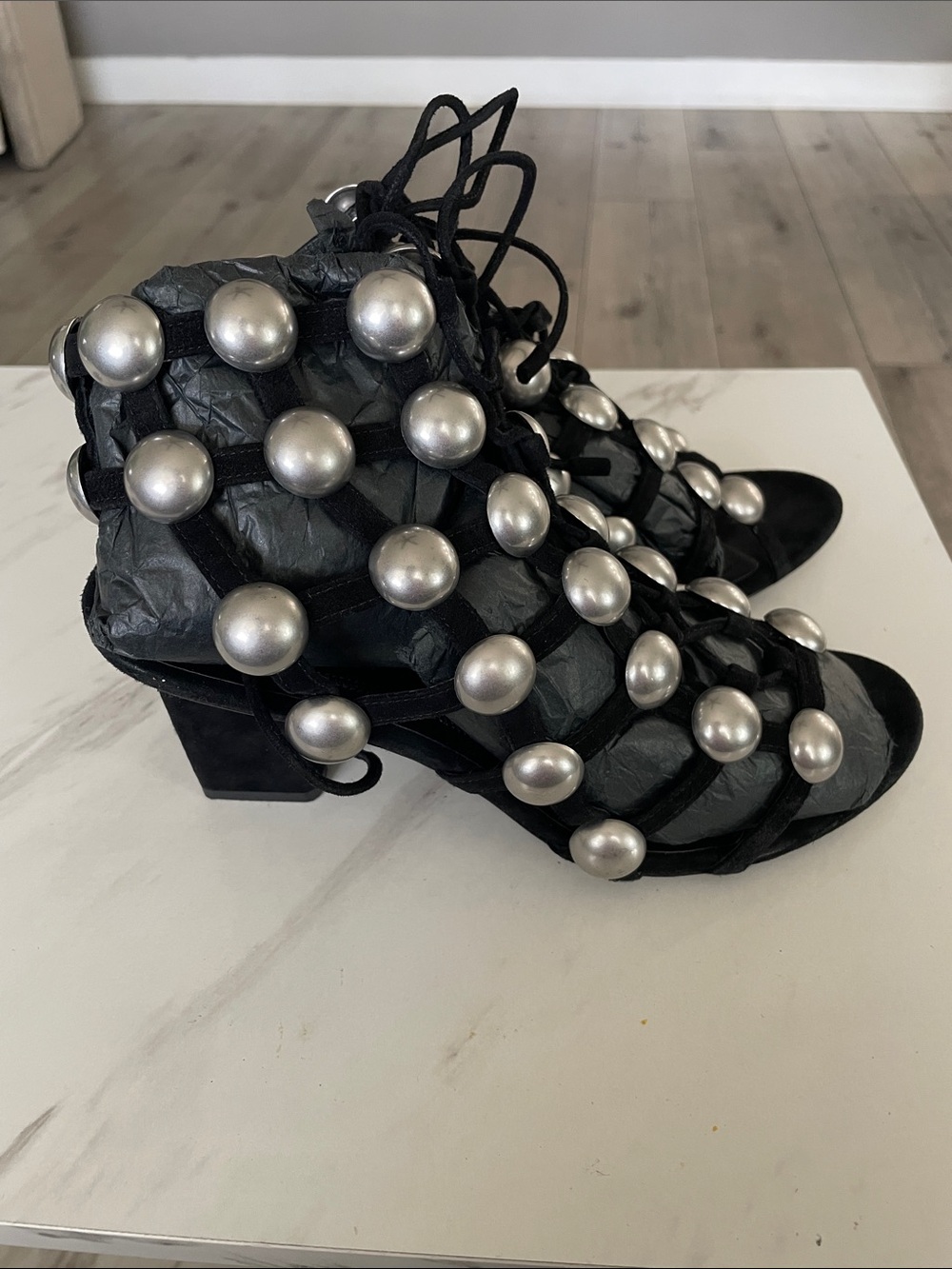 Alexander Wang Black Lace-Up Block Heel Sandals with Silver Orb Studs